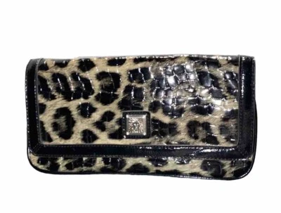 ANNE KLEIN LEOPARD PRINT Clutch Faux Leather Black Brown Evening Bag 10x5.5 VTG - Image 1 of 4