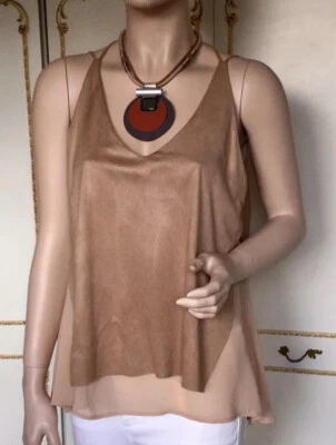 D.E.C.K UK 10, 12 Ladies Tan Suedette / Georgette Chain Back Layered Top NWT £49 — 第 1/4 张图片