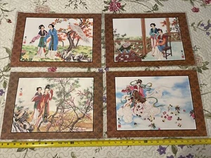 Set Of 4 Japanese Reversible Placemats Geisha Girls & Birds Duck - Picture 1 of 10