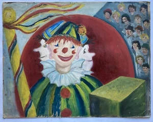 Vintage Mid Century 40s 50s Clowns Circus Original Folk Art Cubism Oil Painting - Picture 1 of 24