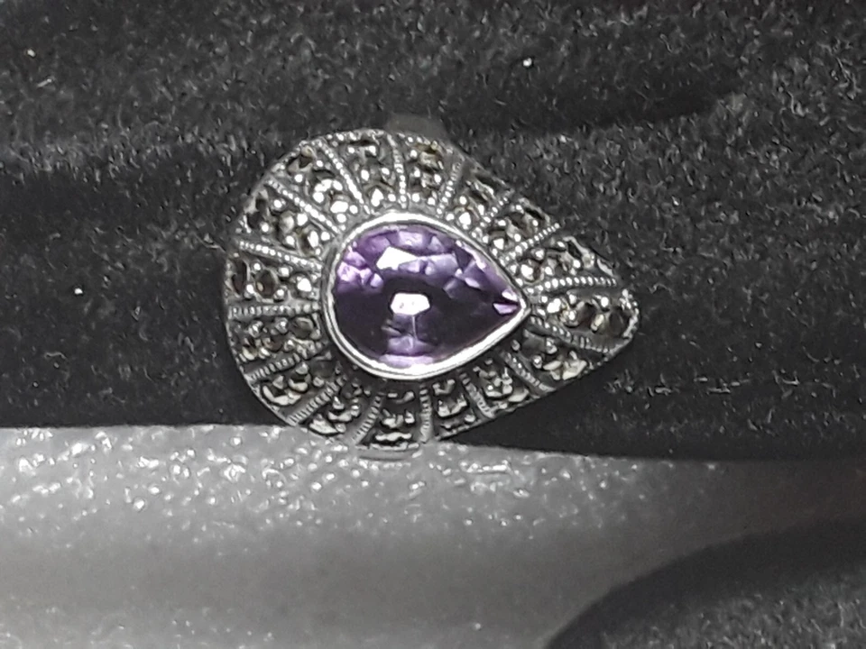 Anillo Vintage Judith Jack Plata de Ley 925 Marcasita y Amatista Banda Talla 8.25 Foto 1 de 4