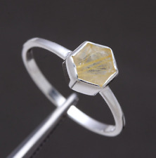 925 Sterling Silver Natural Golden Rutile Quartz Hexagon Statement Ring 6 US