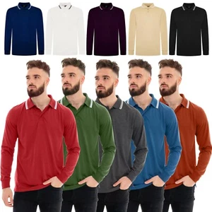 Mens Polo Long Sleeve Pique T-Shirt Tipping Collar Pocket Smart Casual Shirt Top - Picture 1 of 47