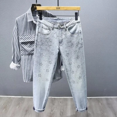 New Men Luxury Blue Jeans Diamond Star Rhinestones Fashion Trousers High Quality - image 1 of 4