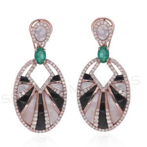 7.21 TCW Emerald SI/H Diamond Pearl Black Onyx Dangle Earrings 14k Rose Gold - Picture 1 of 9