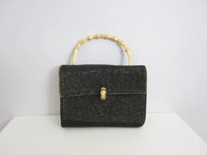 Vtg Unbranded  Black Gold Beaded Small Box Purse Bag Goldtone Handle Satin Lined - Picture 1 of 13