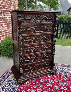 Tall Antique French Chest of Drawers Renaissance Revival Carved Oak c. 1880s - Picture 1 of 23