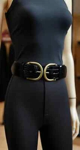 Women Black Faux Leather Band High Waist Hip Belt Antique Gold Double Buckle - Picture 1 of 4