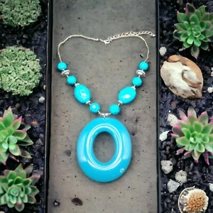 Türkis & Silber Kordel Acryl Kreis Halskette - Bild 1 von 9