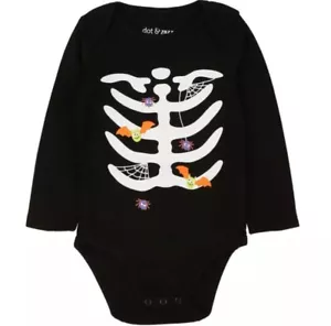 NUEVO CON ETIQUETAS Camisa Dot & Zazz Halloween Esqueleto Arañas BRILLANTE OSCURO NB 0-3m Negra Creeper - Imagen 1 de 2