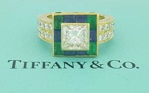Tiffany & Co. Princess Diamond Sapphire Emerald 5.89 ct 18K Halo Engagement Ring - Picture 1 of 12