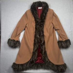 Vintage Jonathan Michael Wool Blend Faux Fur Trim Coat Camel Brown USA Made - Picture 1 of 12