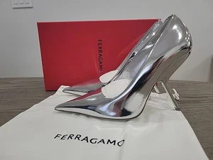 Salvatore Ferragamo Womens EVA X5 Silver Leather 10.5cm Heel Pump Shoe 8.5 C New - Picture 1 of 5