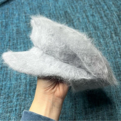 Angora Rabbit Fur Beret Hat with Brim in Light Grey Newsboy Cap Size Large/XL - Image 1 of 4