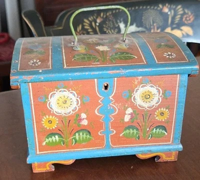 Rosemaling Box Hand Painted Dome Top Miniature Wood Chest Folk Art - Image 1 of 4