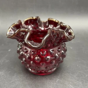 Vtg Fenton Ruby Red Hobnail Vase Rose Bowl Votive w Ruffled Crimped Rim 3” - Picture 1 of 9