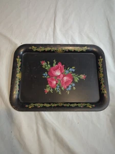 Vintage TV Bett Schoß Tablett MCM Tole lackiert schwarz rosa Blumen 60er Jahre 17,5x12,75" - Bild 1 von 9