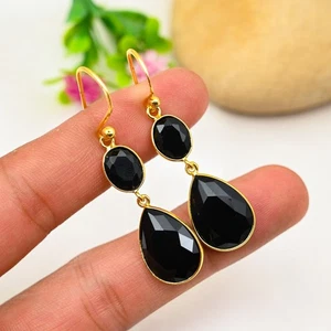 Black Spinel Gemstone Dangle Earring 925 Sterling Silver Handmade Jewelry Gift - Picture 1 of 5