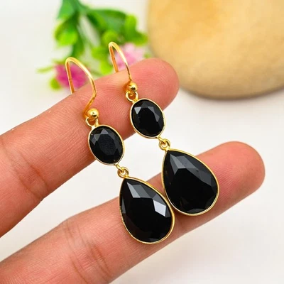 Black Spinel Gemstone Dangle Earring 925 Sterling Silver Handmade Jewelry Gift - Image 1 of 4