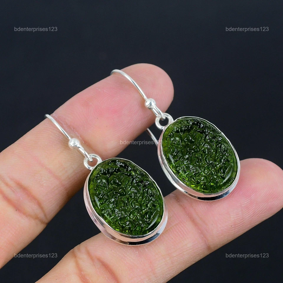 Pendientes Boho Ovalados Natural Moldavita Boda Colgante Hermana Gancho Plata 925 Foto 1 de 1