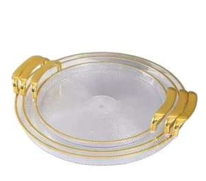 3pcs Gold Acrylic Round Serving Tray Set Handles Elegant Trays Multiple Sizes - Picture 1 of 3