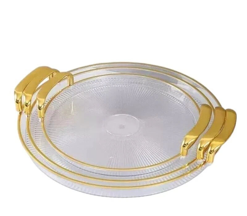 3pcs Gold Acrylic Round Serving Tray Set Handles Elegant Trays Multiple Sizes - Image 1 of 3