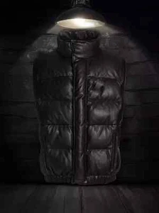 Men's Genuine Soft Lambskin Leather Bubble Puffer Black Vest Half Sleeve - Picture 1 of 5