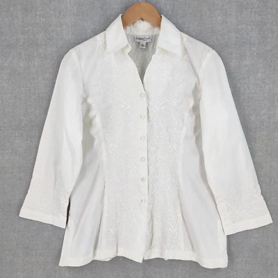 Coldwater Creek Top Women PS Ivory Embroidered Button V-neck Western Bohemian - Image 1 of 4