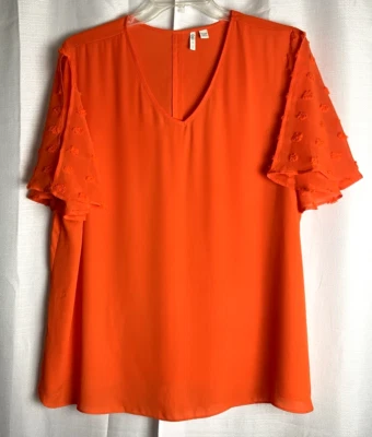 Cato Women's Short Fuzzy Polka Dot Flutter Sleeve V-Neck Top Size 18/20W Orange - Image 1 of 4