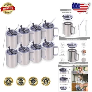 8-Pack Insulated Stainless Steel Coffee Mugs with Straw Lid - Perfect for Travel - Picture 1 of 10