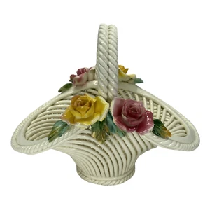 Basket With Yellow and Pink Roses Made In Italy of Ceramic Capodimonte Style - Picture 1 of 13