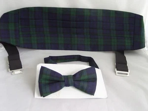 (A) TARTAN-Black/Green/Navy Mens Cummerbund & Bow Tie Set - Watch More Patterns - Picture 1 of 4