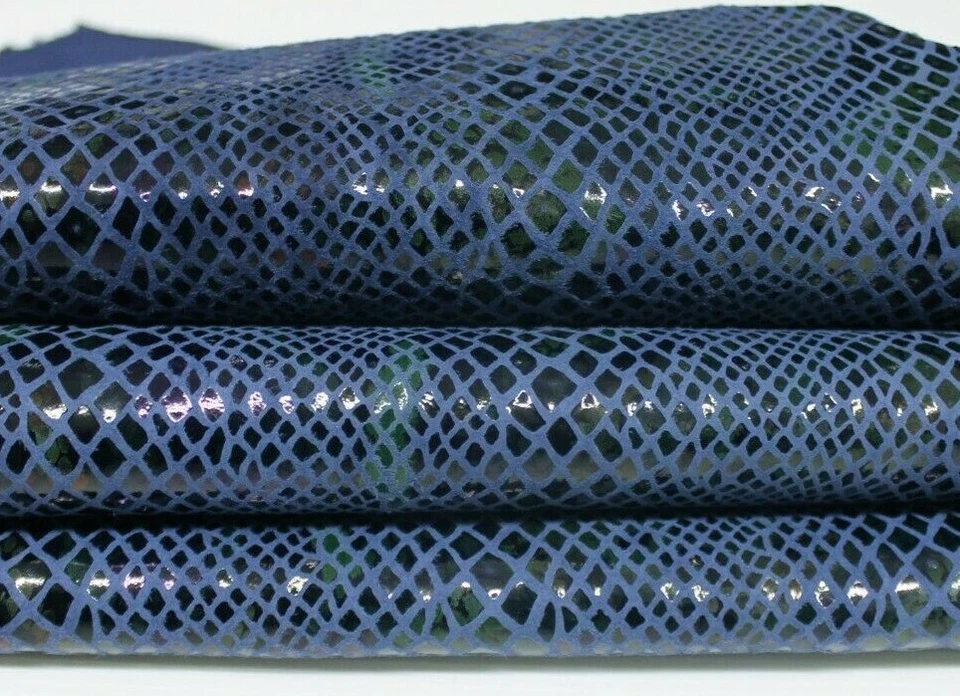 SNAKE PRINT ON BLUE Italian Goatskin Goat leather skins 6-9sqf 0.7mm #A6916 - Image 1 of 4