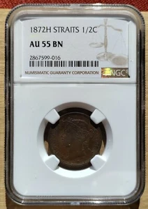Straits Settlements 1872-H 1/2 Cent  NGC AU-55BN Scarce - Picture 1 of 3
