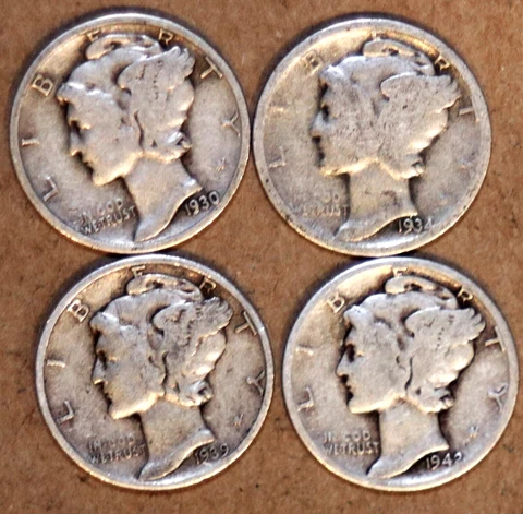 (4) Mercury Dimes - 1930(Fine) 1934(Good) 1939(Fine) 1942D(VG) - #2850V Cover