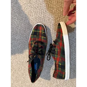 Keds red and green plaid Tartan metallic gold sneakers NWOT size 7.5 - Picture 1 of 7