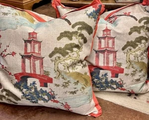 Asian Toile Zen Linen Regal Pagoda Pillows 2 23” - Picture 1 of 3