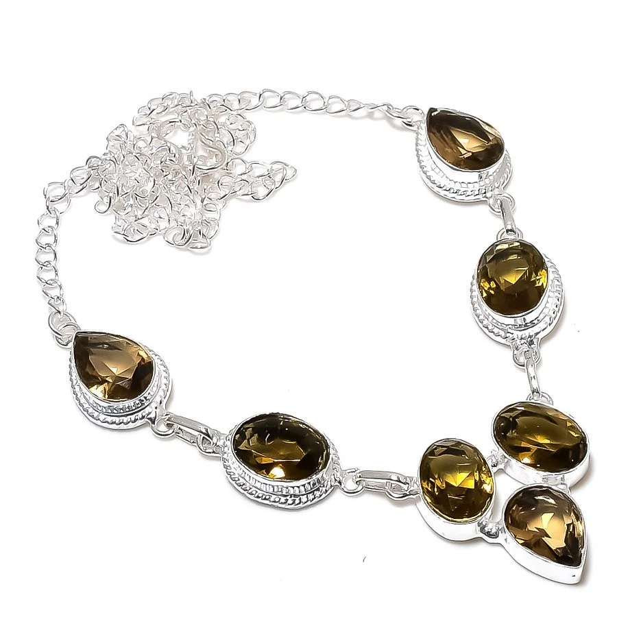 Collar de joyería de plata de ley 925 con piedras preciosas de cuarzo ahumado hecho a mano tamaño 18" Foto 1 de 1