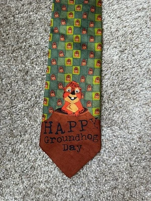 Green & Brown Checkered Happy Groundhog Day 100 Silk Men’s Neck Tie Wild Ties - Image 1 of 4