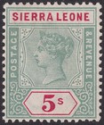 Sierra Leone 1896 QV 5sh Green and Carmine Mint SG52 cat £120