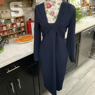 Calvin Klein Dress Women's Size 10 Navy Blue Pleated Deep V-Neck Long Sleeve - Image 1 of 4