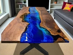 Tavolo blu oceano epossidico fiume bordo vivo legno noce fatto a mano arredamento decorazioni - Foto 1 di 9