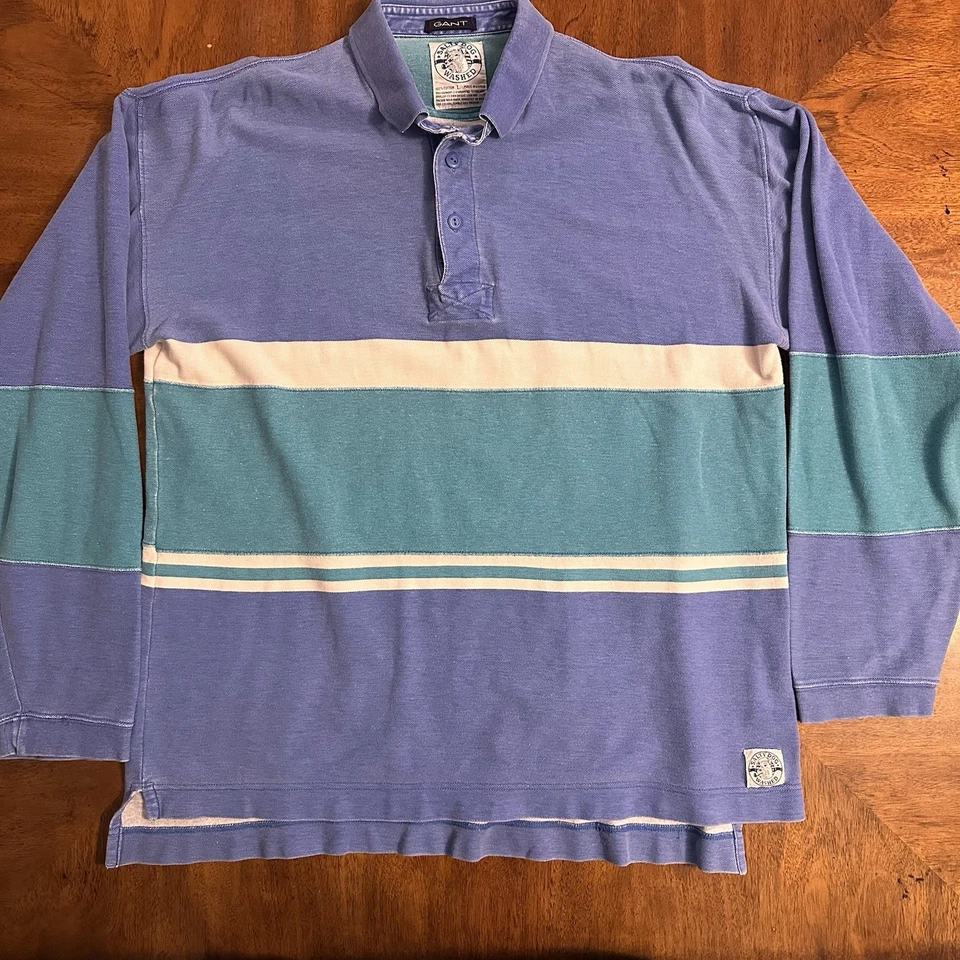 GANT Salty Dog Washed Rugby Shirt Large Blue Green Stripe - Image 1 of 4