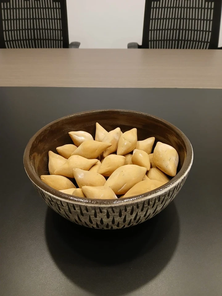 Rustic Textured Ceramic Bowl with Decorative Kibbeh Food Sculptures -Unique Hand - Image 1 of 3