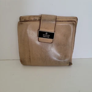 GUCCI Logo Plate Leather Card Bill Wallet Medium Bifold Solid Beige Tan Fair - Bild 1 von 14