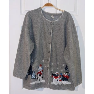 Cárdigan Muñeco de Nieve Vintage Gris Navidad Vacaciones Invierno Bordado 18/20 - Imagen 1 de 11