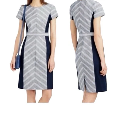 Vestido Vaina J Crew Chevron Bloques de Color Mezcla de Lino Talla 8 Azul Belice Azul Marino Foto 1 de 4