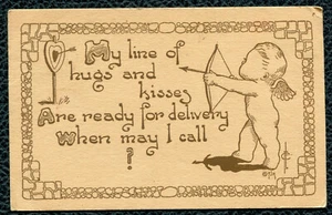 Valentine Cupid with Bow & Arrow Line of Hugs & Kisses calling postcard - Picture 1 of 2