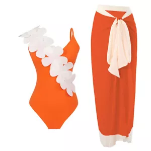 Women's One Piece Swimsuit with Beach Cover Up Skirt Flower Strap Bikini Set - Picture 1 of 88