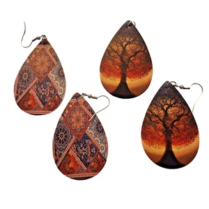 2 Paar Kunstleder Ohrringe Baum Bohemian Print leichter doppelseitiger Druck - Bild 1 von 4